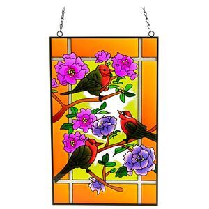 Finches and Cherry Blossoms Glass Hanging Suncatcher 16" x 10"